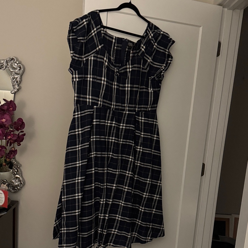 Dolly and Dotty Navy Plaid Cap Sleeve Swing Dress | NWT | Vintage Pinup Style